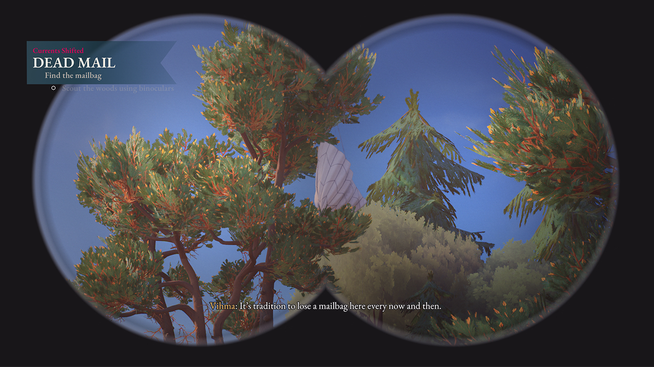 Using binoculars to search the shoreline for clues